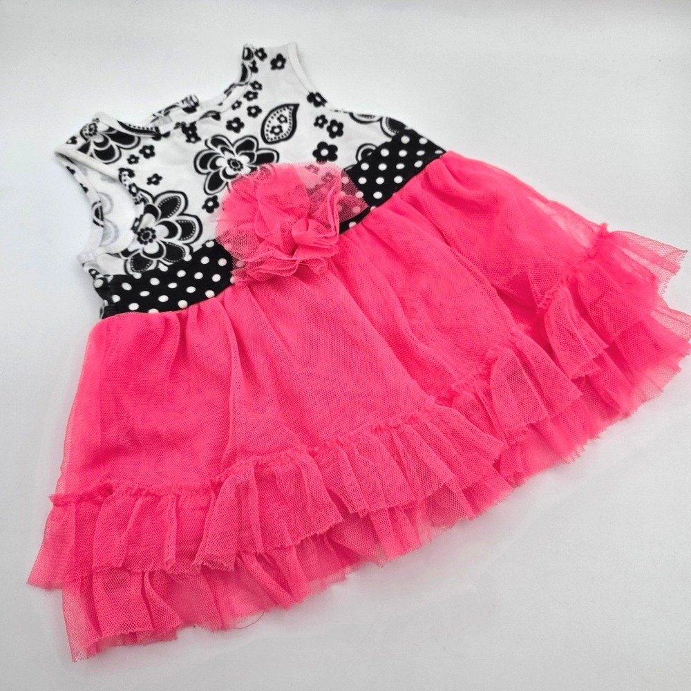 Youngland Baby Girls Hot Pink Tulle Floral Polka Dot Dress 6-9 Months